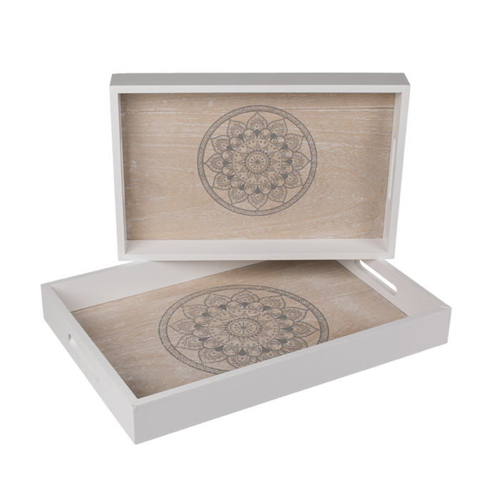 Vit/naturfärgad träbricka, Mandala,