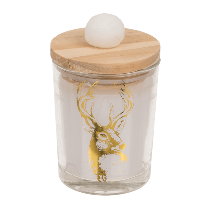 Glass candle, with wooden lid & pompom,