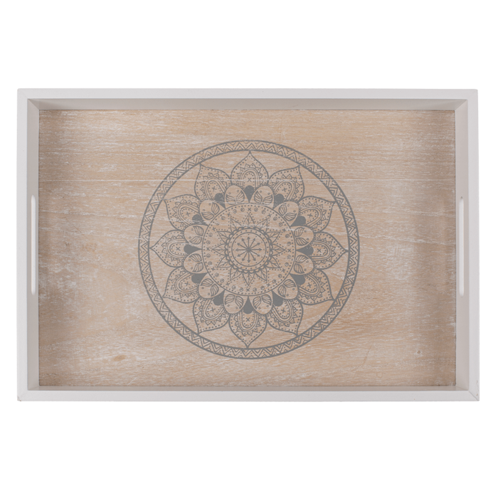 Vit/naturfärgad träbricka, Mandala,