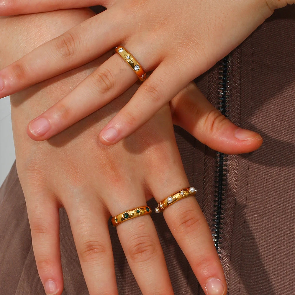 18K Gold Plated Green Zircon Pearl Ring 