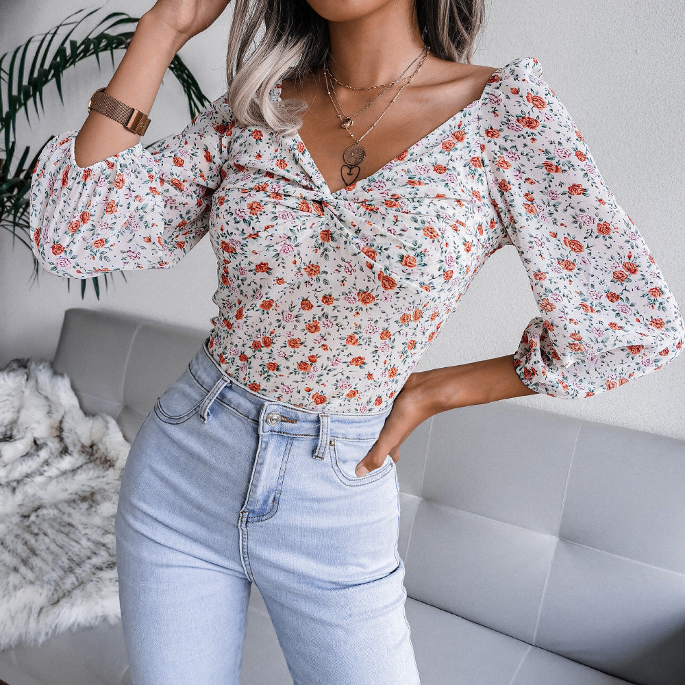 V-ringad Blus Floral