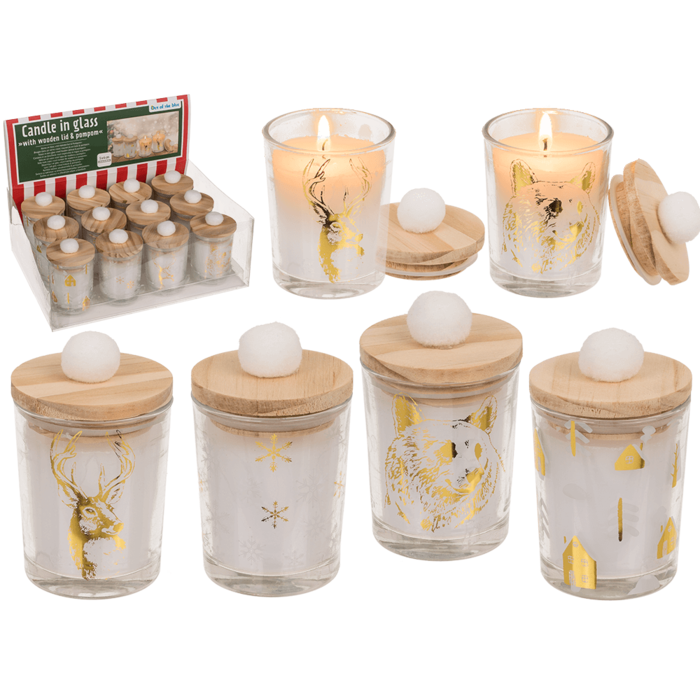 Ljus i glas, med trälock & pompom,