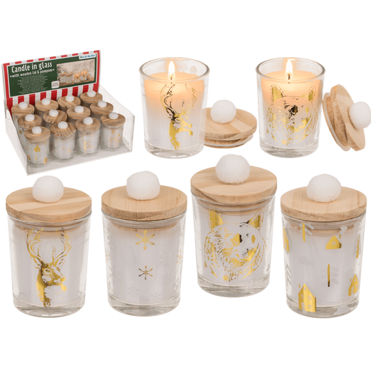 Ljus i glas, med trälock & pompom,