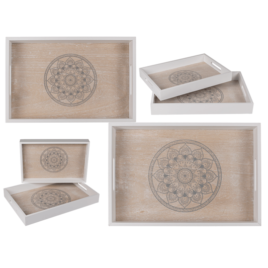 Vit/naturfärgad träbricka, Mandala,