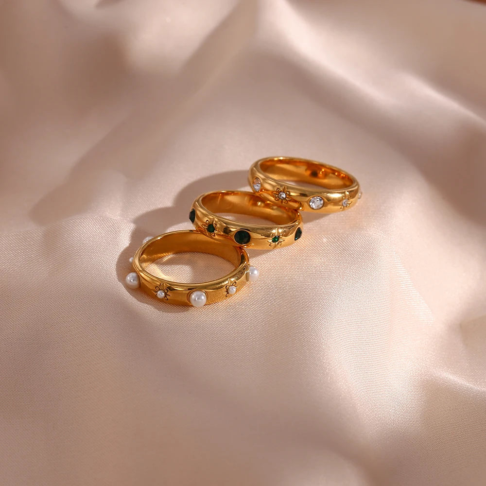 18K Gold Plated Green Zircon Pearl Ring 