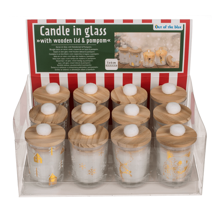 Ljus i glas, med trälock & pompom,