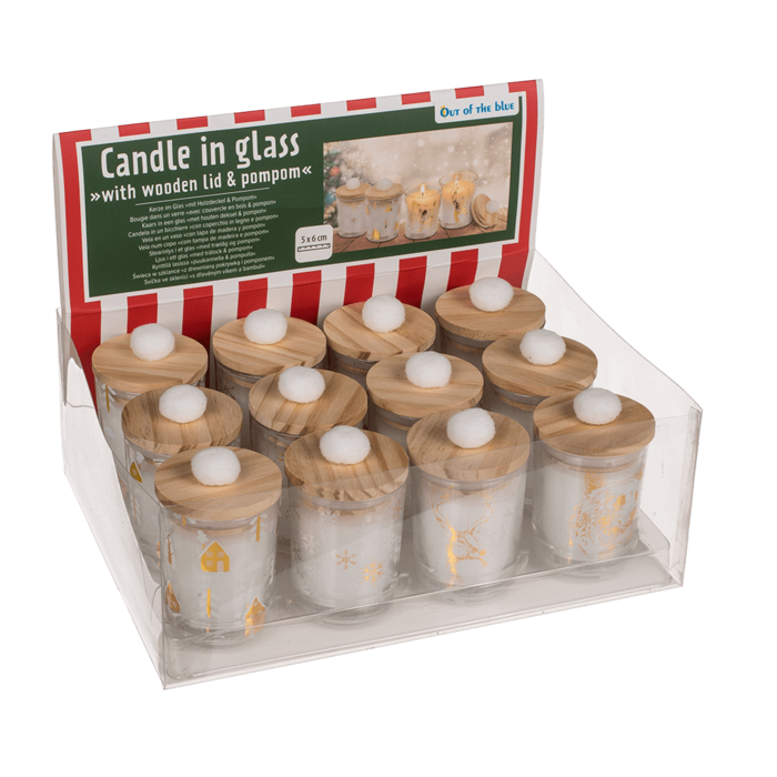 Ljus i glas, med trälock & pompom,