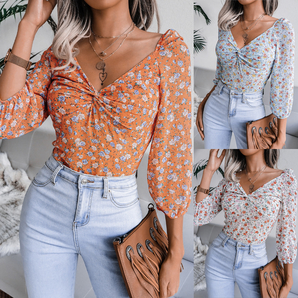 V-ringad Blus Floral