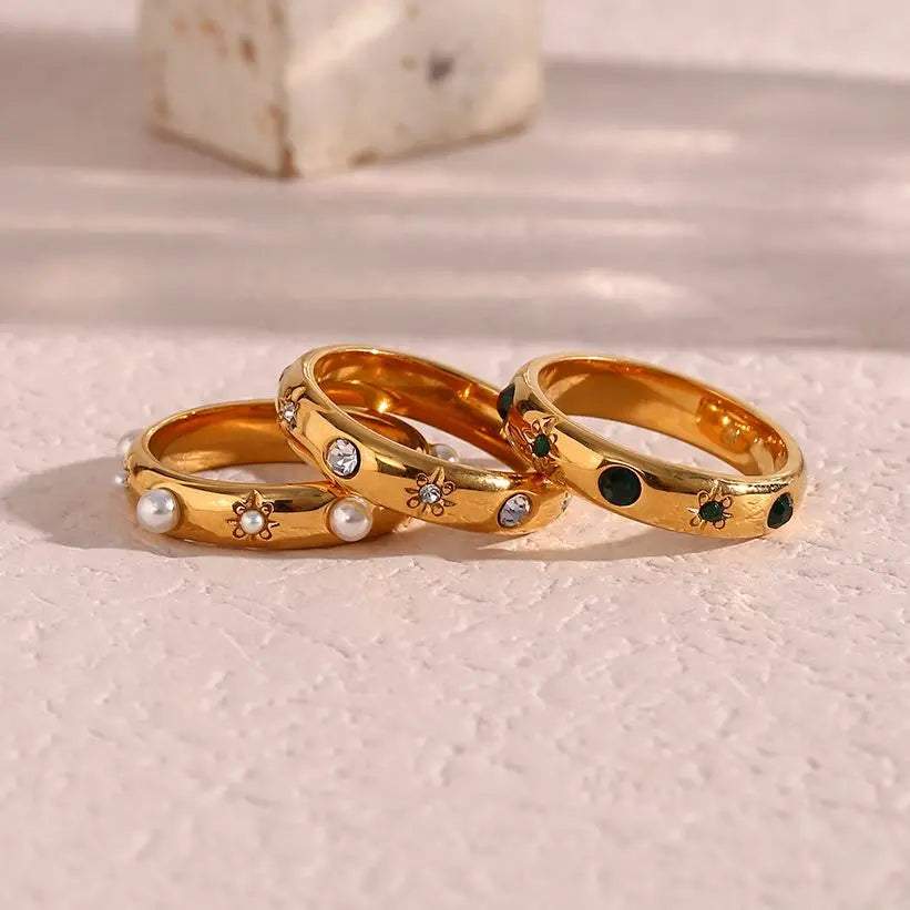 18K Gold Plated Green Zircon Pearl Ring 