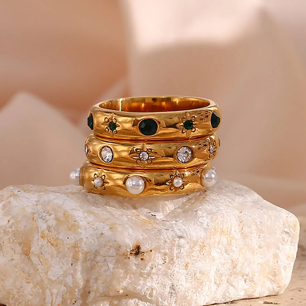 18K Gold Plated Green Zircon Pearl Ring 